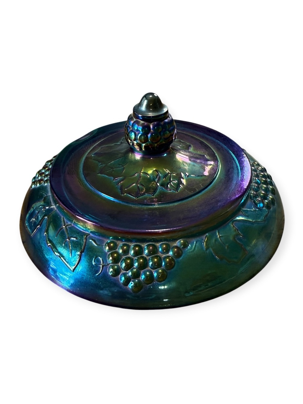Vtg Indiana Glass Carnival Blue Harvest Grape Lid 6” Iridescent